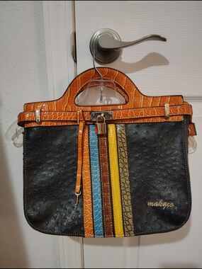 Makgeo Multi-Color Ostrich-Texture Leather Tote - Black & Orange